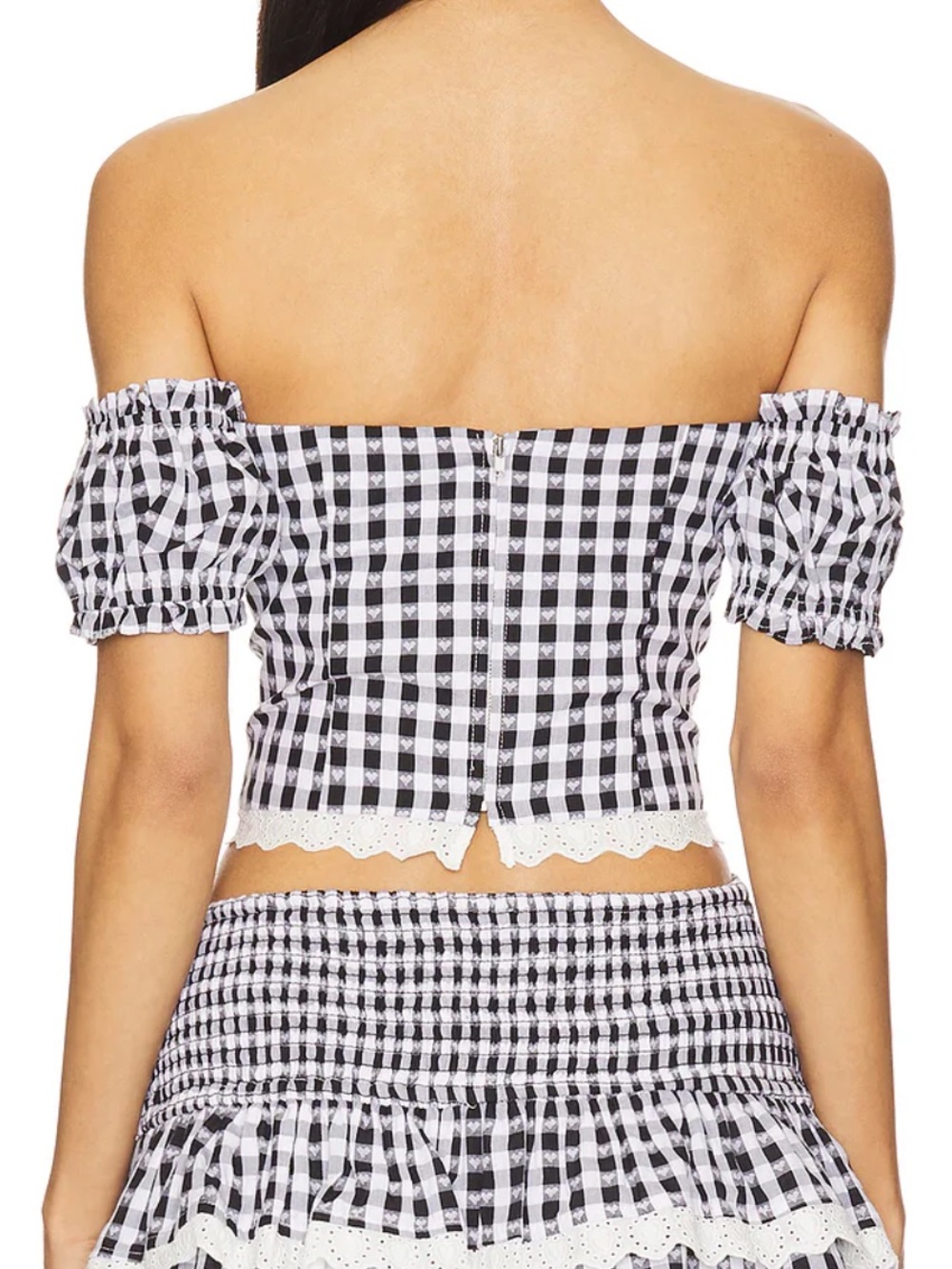 MAJORELLE Reece Heart Print Gingham Off The Shoulder Cottagecore Crop Top Size L - Picture 2 of 5